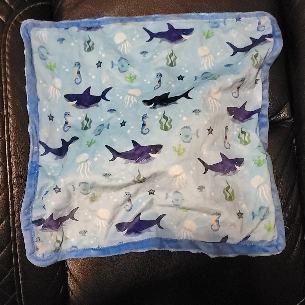 Blue Shark Baby Lovey Security Blanket Ocean Life & Fish on Back Minky Dot Plush